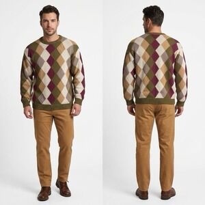 VTG Perry Ellis Mens Argyle Sweater Fall Autumn Earth Tone Cable Knit Warm Large